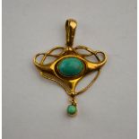 Hair Hasler - An Art Nouveau scrollwork pendant set with two cabochon turquoise,