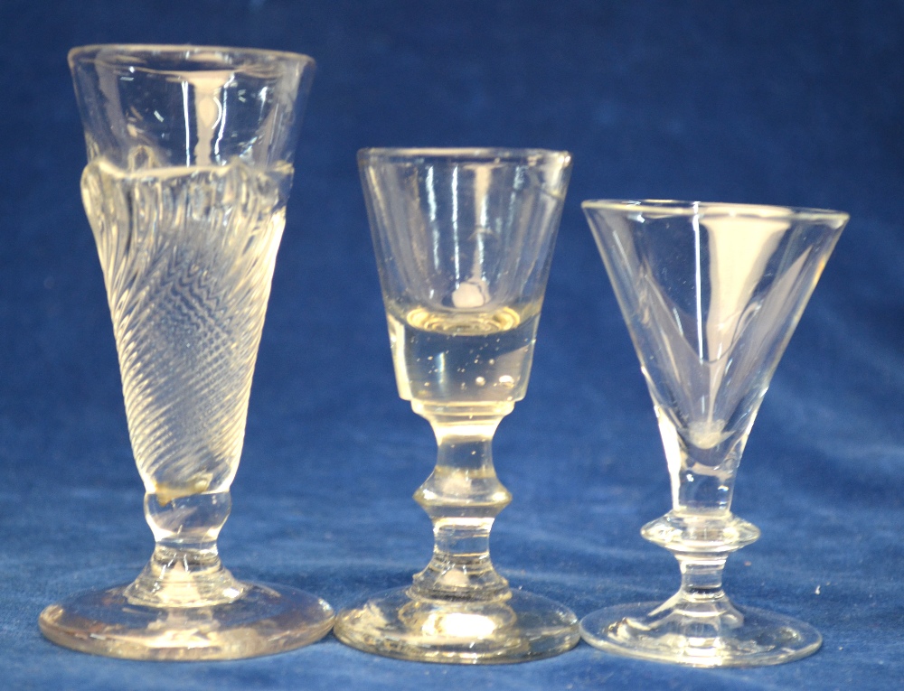 An 18th century cordial glass, trumpet bowl, knopped long stem, domed fold over foot and rough - Image 5 of 5