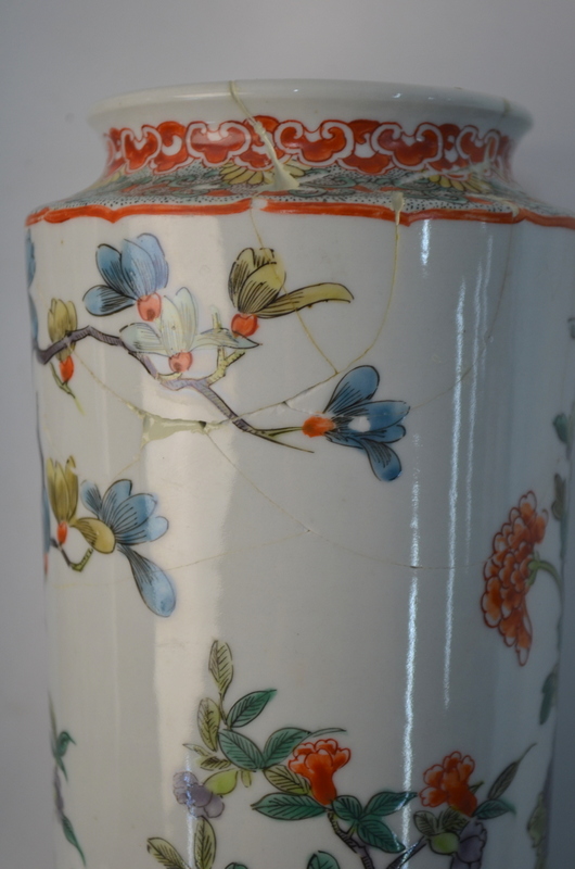 A pair of Chinese cylindrical vases, decorated in coloured enamels with birds, - Image 6 of 6