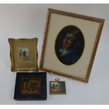 A miniature watercolour sketch of a classical ruin, to/w two other miniature paintings,