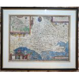John Speede: map engraving, 'Dorsetshyre', dated 1610, hand-coloured, in frame,
