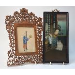 Two Chinese pictures, comprising: one on glass of a girl with a cat, 30 x 15 cm; and one of a