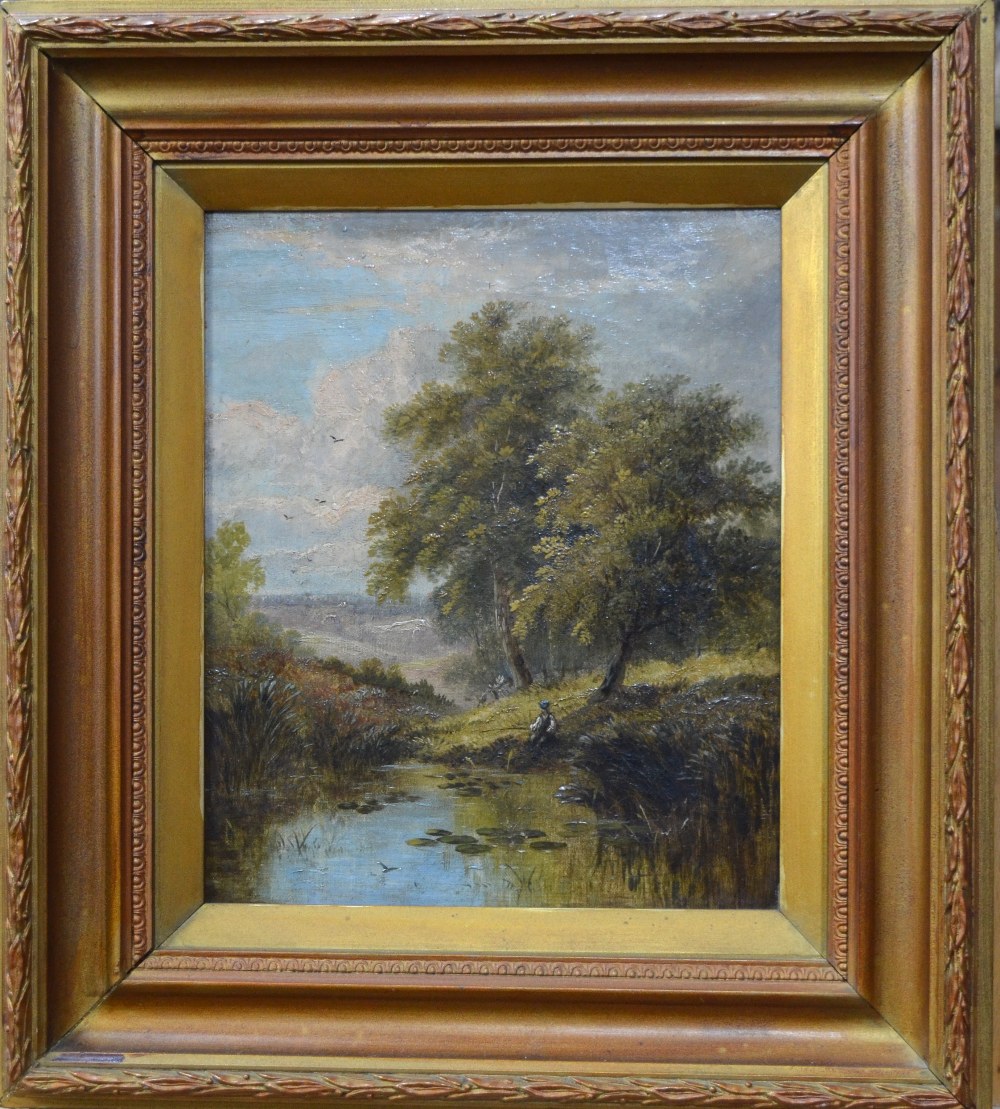 English school - A river view with church spire in distance, oil on canvas, 24 x 44 cm - Image 2 of 4