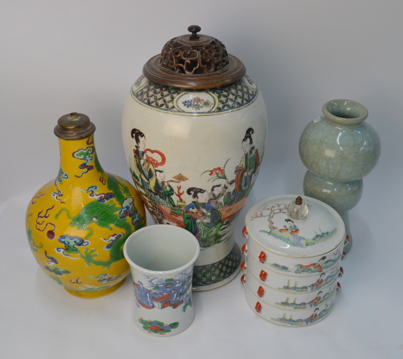 A Chinese famille rose three-tiered cylindrical box, - Image 2 of 9