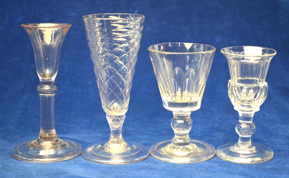 An 18th century cordial glass, trumpet bowl, knopped long stem, domed fold over foot and rough - Image 2 of 5