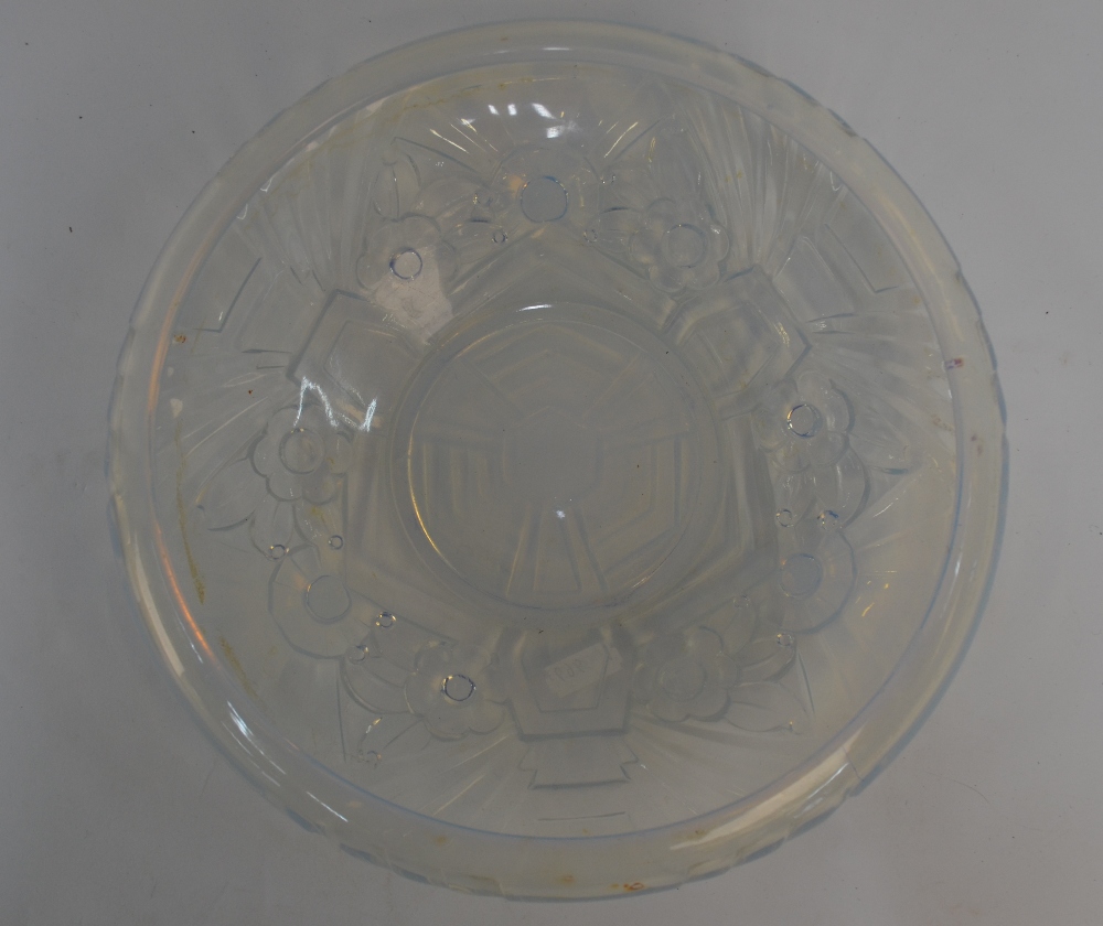 A French opalescent glass Art Deco bowl with inverted rim moulded with flower heads and geometric - Image 3 of 5