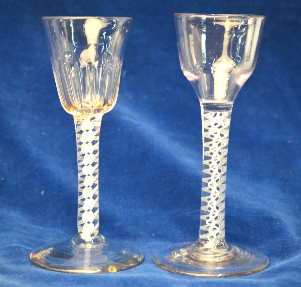 Two 18th century cordial glasses, one with round funnel moulded bowl, multiple spiral opaque twist - Image 2 of 5