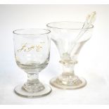 An 18th century wine glass, ogee bowl, blade knop, short plain stem, conical foot and rough