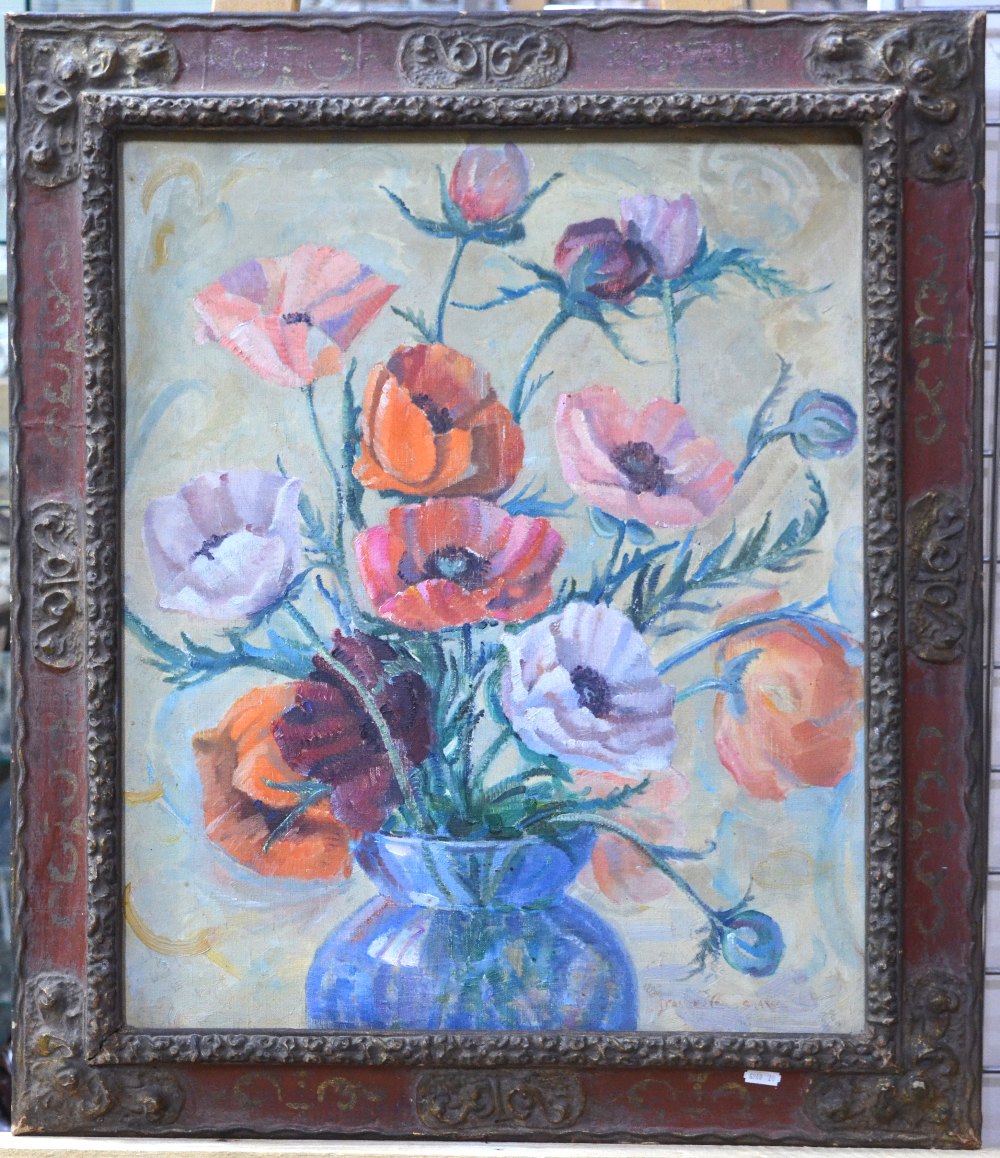 Frances Crawshaw - Still life study with poppies, oil on canvas, signed lower right, 59 x 49 cm - Image 2 of 4