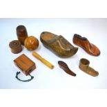 A selection of treen, including shoe snuff box with brass pin decoration, French clog wall-hanging