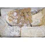 A box of table linen to include a damask linen tablecloth,