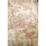 A pair of lined and inter-lined Toile de Jouy curtains, cream ground with red printed design, to/w