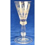 A Williamite style wine glass, the conical bowl engraved with a figure on horseback, beneath the
