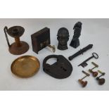 Various collectables including old lock with brass key, large antique padlock, non-fitting key,