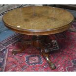 A Victorian walnut and burr breakfast table with circular tilt-top,