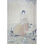 Dorothy Hawksley - Mother and child in a meadow with lambs, lithograph with added heightening, 72