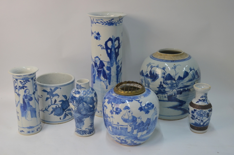 Six Chinese blue and white vases and a bitong,