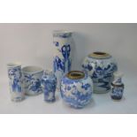 Six Chinese blue and white vases and a bitong,