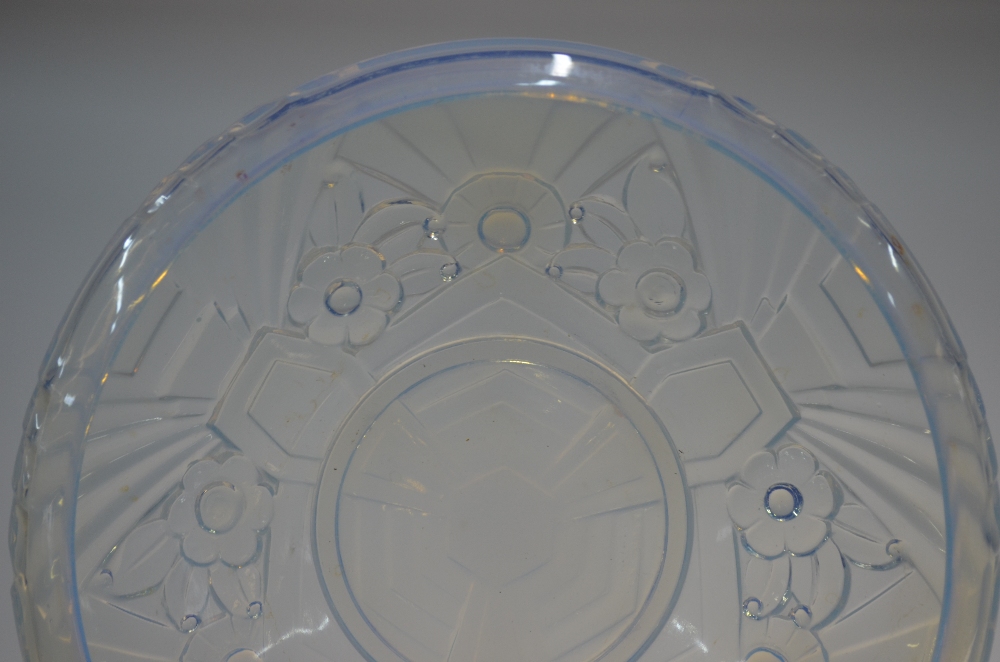 A French opalescent glass Art Deco bowl with inverted rim moulded with flower heads and geometric - Image 5 of 5