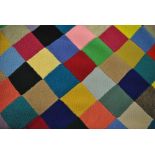 A vintage knitted multi-coloured squared patchwork bedcover with scalloped edge, 210 x 200 cm,