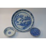 Three pieces of Chinese blue and white, comprising a small dish with Chenghua six-character mark,