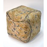 A Chinese cushion, or other textile, of cuboid form; each side decorated in blue,