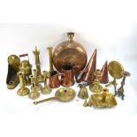 A quantity of antique and later copper and brassware including; candlesticks,