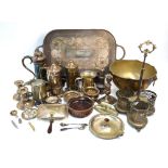 A quantity of electroplated wares, including tankards, punch bowl, bottle stand, tray, coasters,
