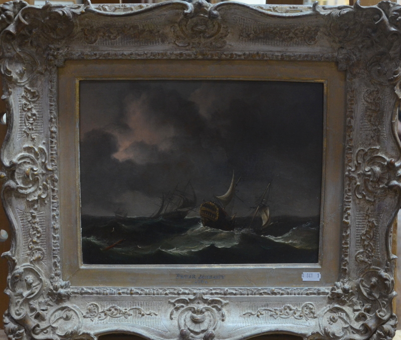 After Peter Monamy - Ships on tall seas, oil on board, 23 x 29 cm - Image 2 of 3