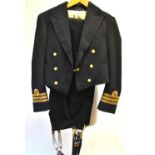 Three vintage naval officer's uniforms, cap and accessories, a serge battle dress,