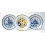 Three English Delft 18th century plates - comprising a pair of blue and white plates decorated in