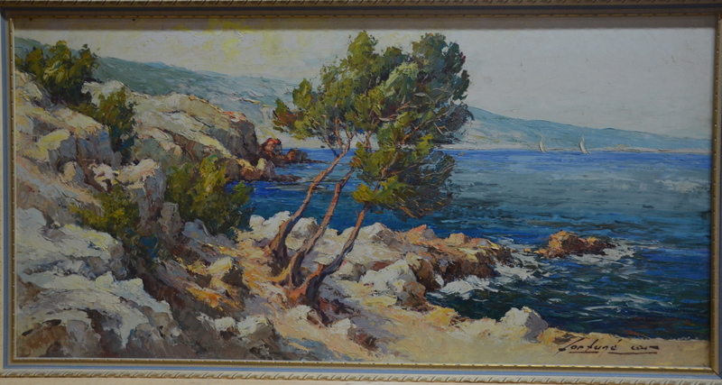 Fortuna Car - Mediterranean coastal view, oil on board, signed lower right, 39 x 78 cm - Image 2 of 4