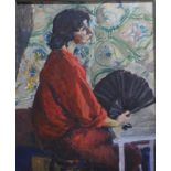 Clare Martin - 'Girl with fan', oil on board, 72 x 59 cm