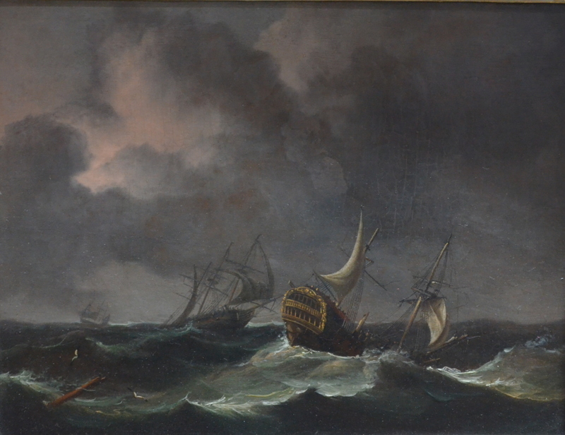 After Peter Monamy - Ships on tall seas, oil on board, 23 x 29 cm