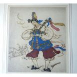 Elyse Ashe Lord (1900-1971), an Asian piper, coloured etching, pencil signed at bottom right,