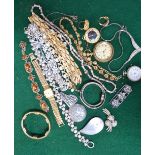 Collection of mostly paste set jewellery items including necklaces, bracelet, brooches, watches,