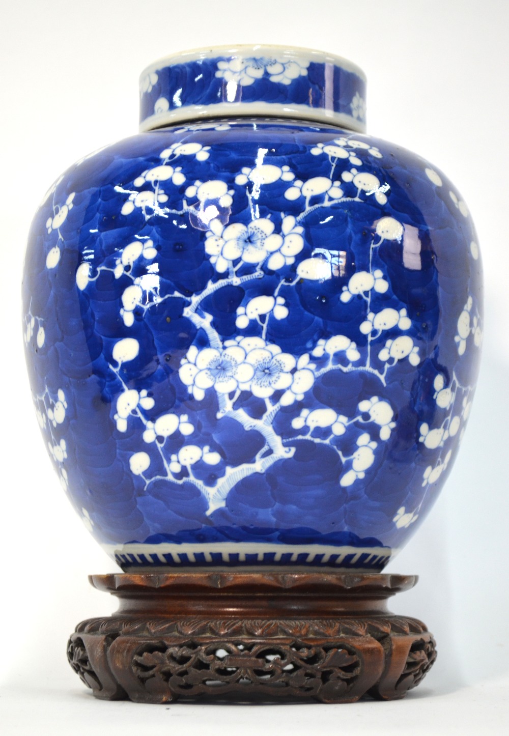 A blue and white, Chinese porcelain, oviform prunus jar and cover, - Image 2 of 5