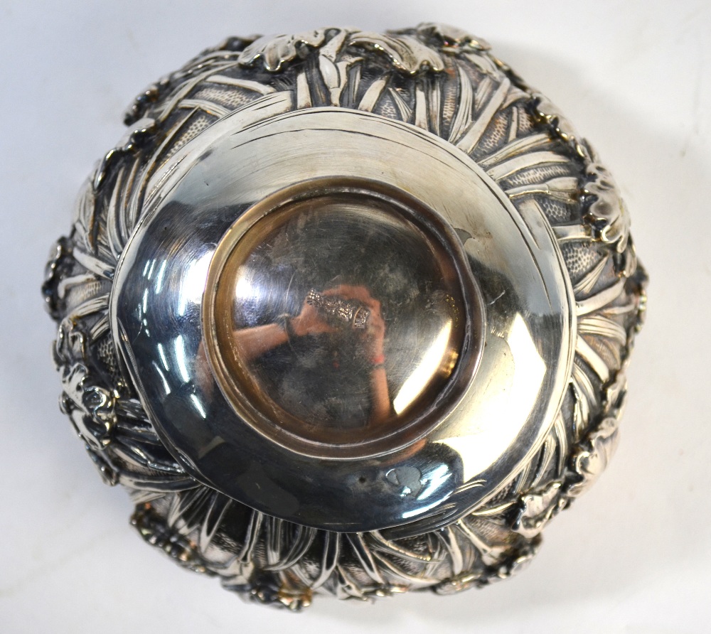 A Japanese white metal bowl, decorated on the exterior with a floral design; 13cm diameter, - Image 6 of 7