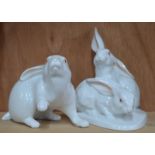 Herend porcelain - a group of two albino hares, 14 cm to/w a single hare with foot raised, 10.