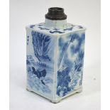 A blue and white vase of square section; the top decorated with bats and peaches,