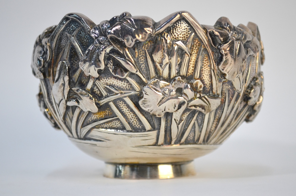 A Japanese white metal bowl, decorated on the exterior with a floral design; 13cm diameter, - Image 2 of 7