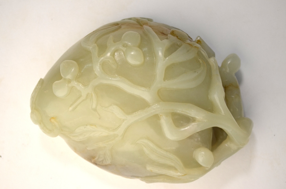 A Chinese green jade brushpot, carved as a peach hanging from a gnarled stem, - Image 2 of 8