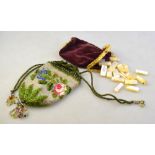 A Victorian floral beaded reticule to/w velvet reticule having pinchbeck base and frame (2)
