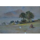 Finnie? - Lake land hamlet, with figures in foreground and distant hills, watercolour,