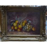 J Clare - Still life study with fruit, oil on canvas, signed and dated '96 lower left,