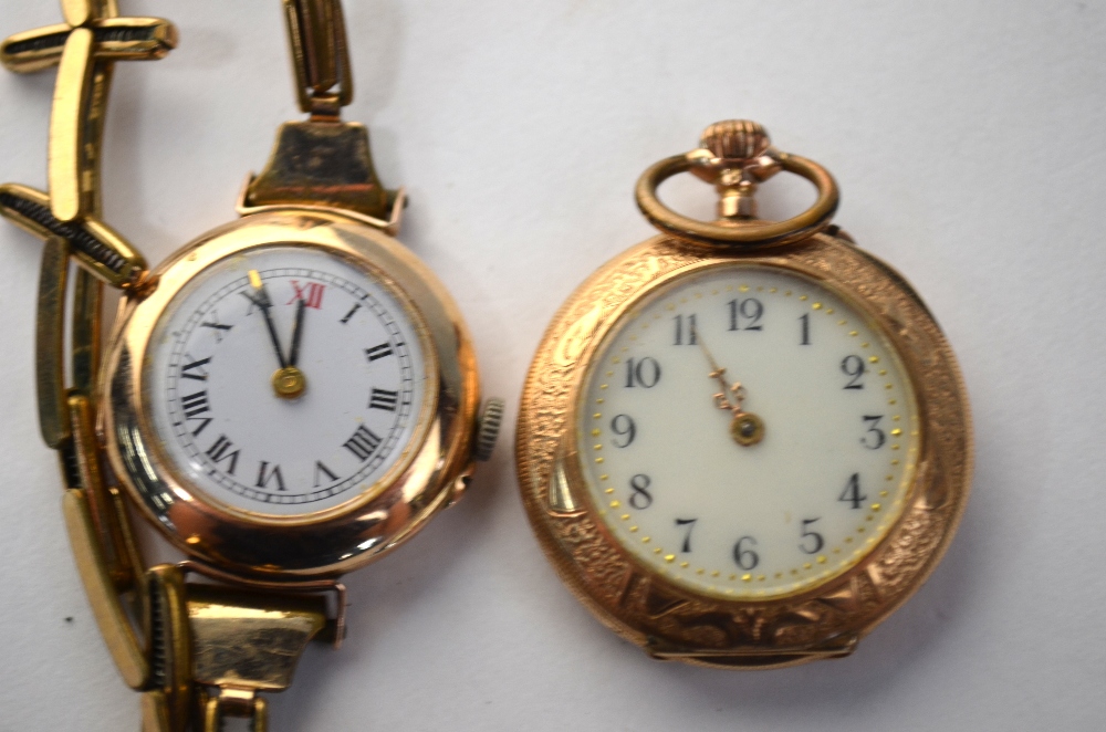 A lady's Swiss 14k fob watch with Art Nouveau engraved case to/w a 9ct lady's wristwatch with - Image 2 of 4