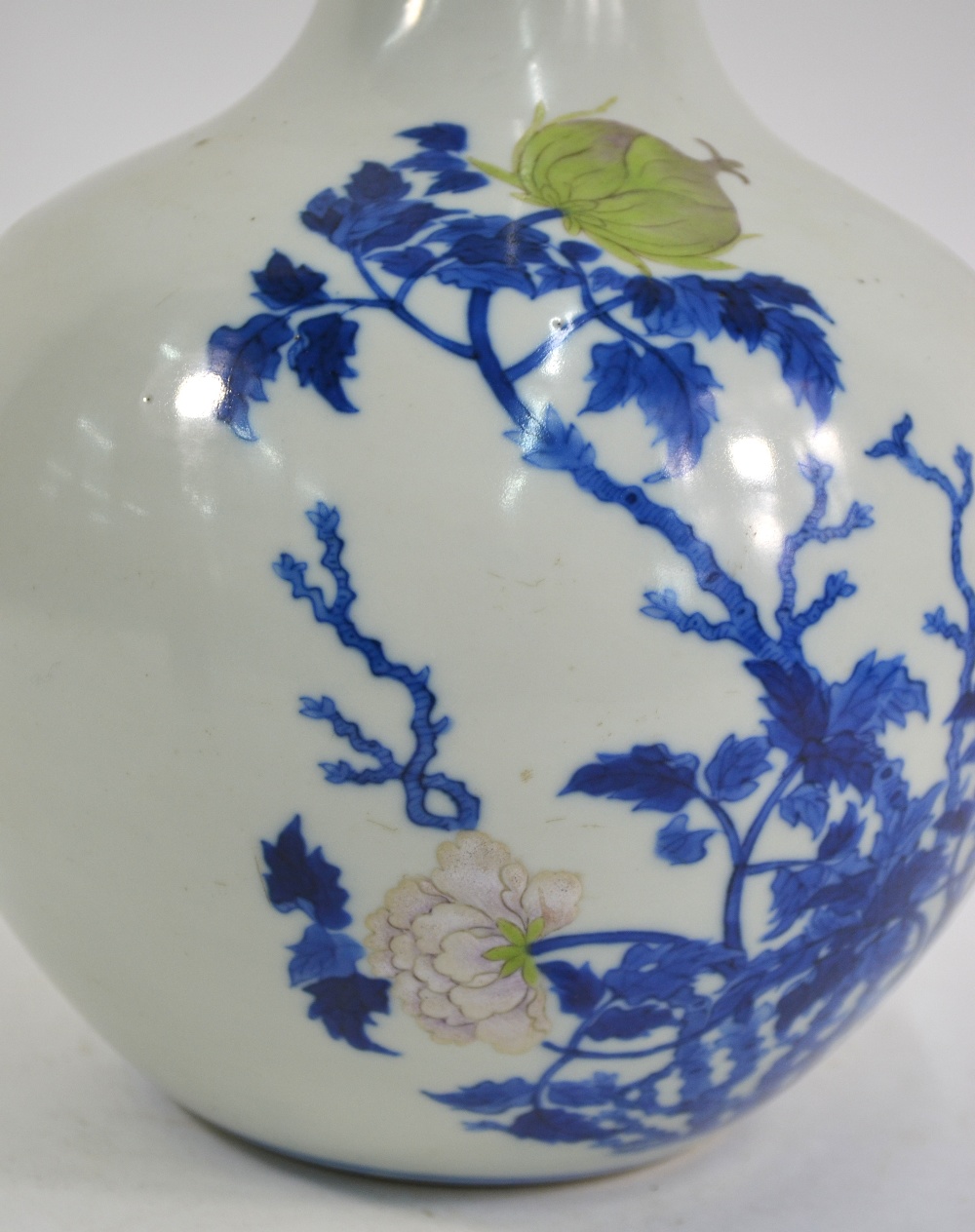 A Chinese underglaze blue and famille rose decorated vase with cylindrical neck and oviform body; - Image 6 of 8