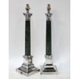 A pair of electroplated classical column table lamps with green marble columns and stepped square