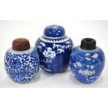 Three blue and white 'ginger', or other jars,