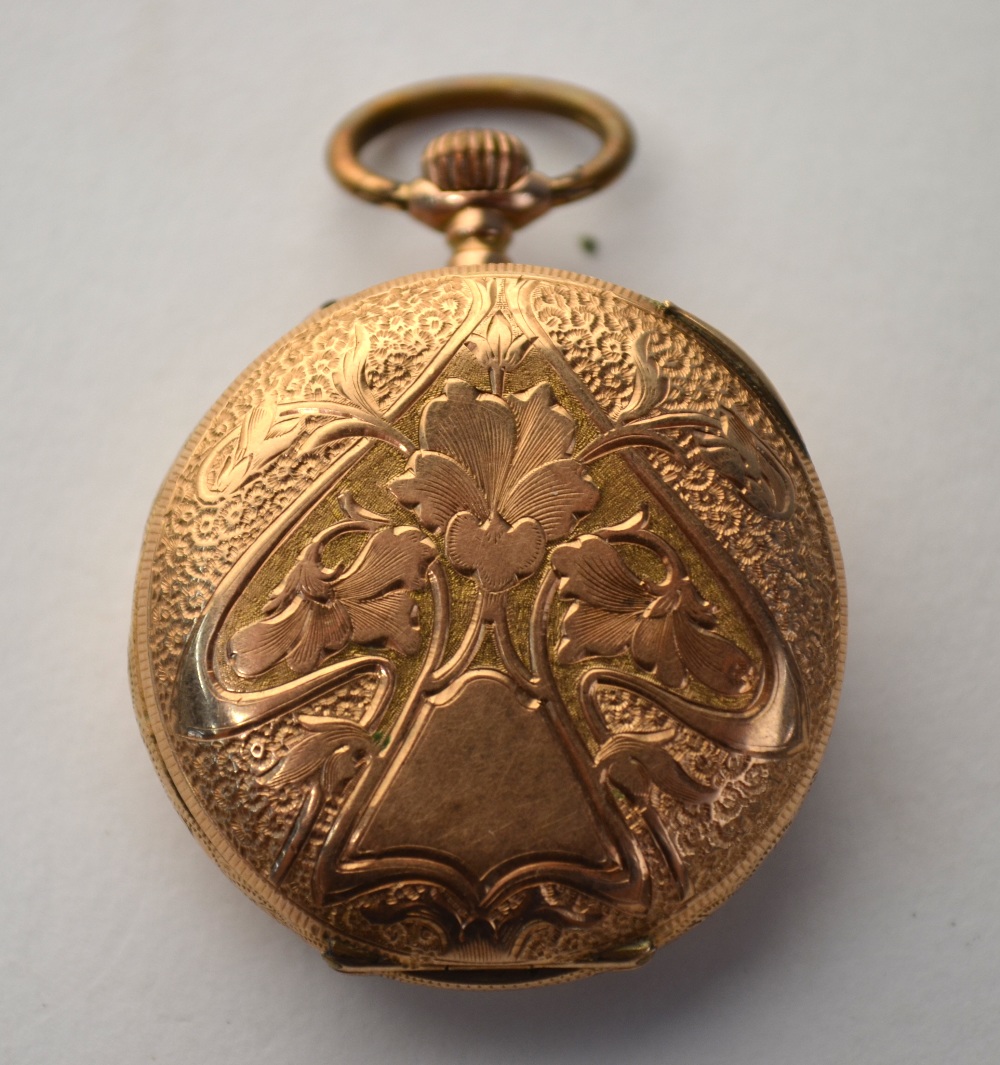 A lady's Swiss 14k fob watch with Art Nouveau engraved case to/w a 9ct lady's wristwatch with - Image 4 of 4